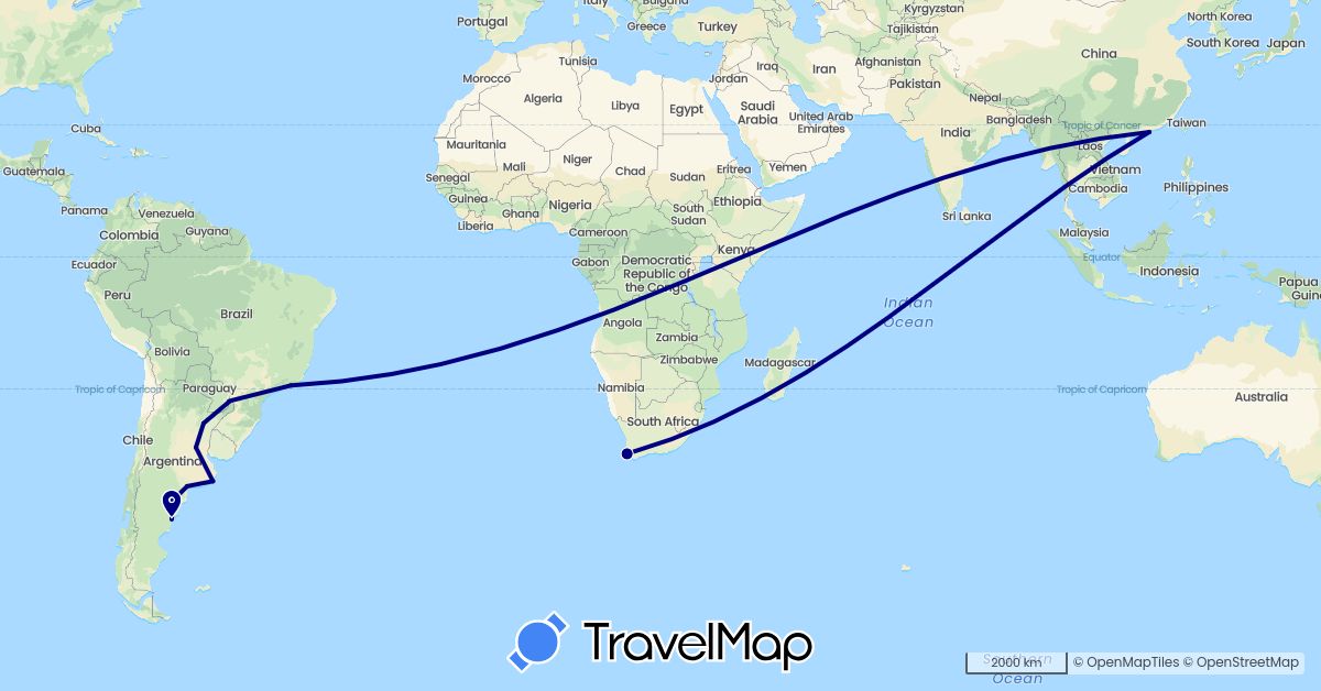 TravelMap itinerary: driving in Argentina, Brazil, China, South Africa (Africa, Asia, South America)